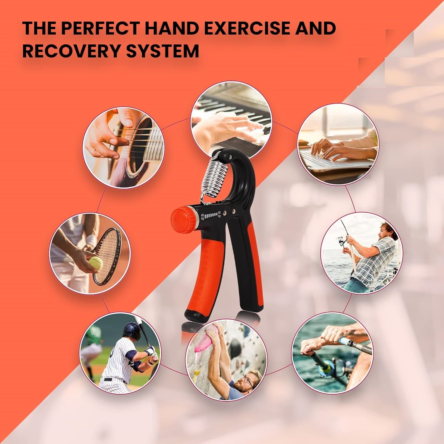 Premium Hand Grip Strengthener, Hand Exerciser Adjustable Resistance 10 To 40Kg, Grip Strength Trainer, Hand Gripper, Forearm Workout Training Equipment for Injury Recovery Athletes (Orange & Black)